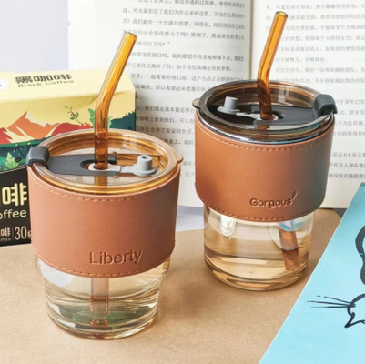 lederne Glasflasche des wasser-450ml mit Glasstroh